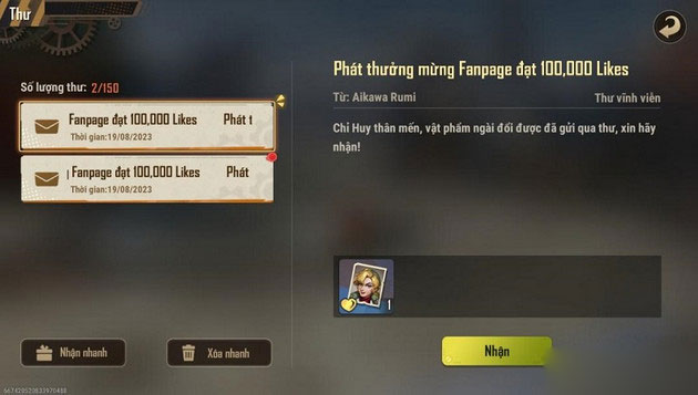 Truy cập vào mục Thư để nhận quà