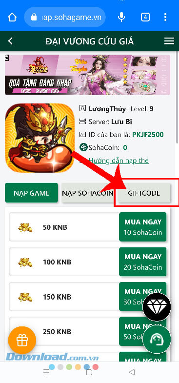 Nhấn vào mục Giftcode 