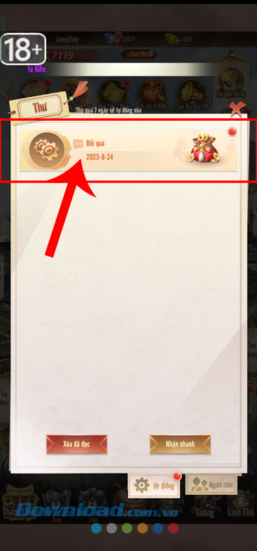 Nhấn vào thư "Đổi Quà"