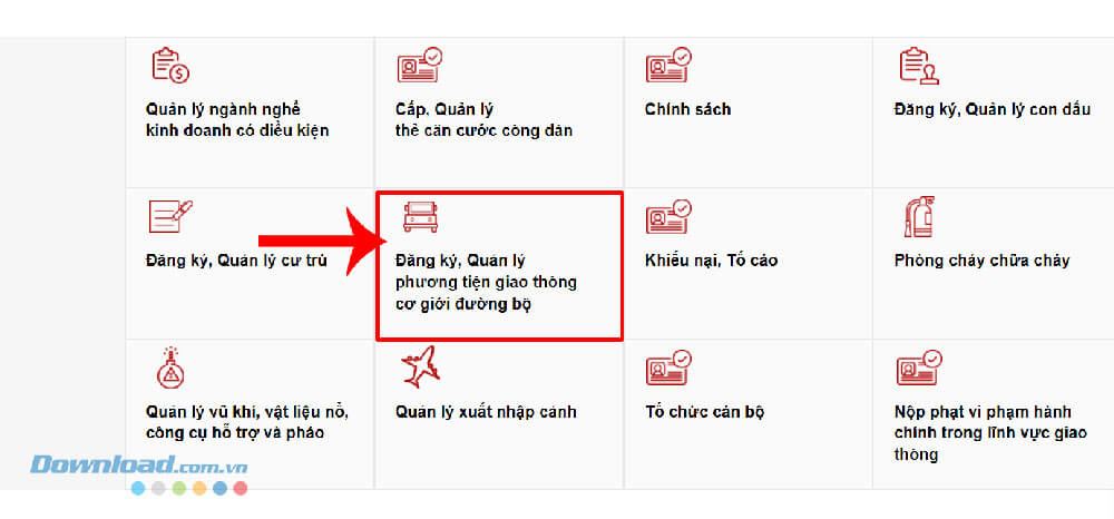 Nhấn vào mục Đăng ký, Quản lý phương tiện giao thông cơ giới đường bộ.
