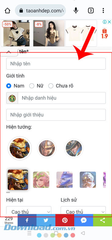 Nhập thông tin về: tên tài khoản game, danh diệu, chọn hiện tướng,...