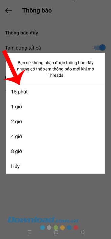 Chọn khoảng thời gian tắt thông báo ứng dụng Threads.