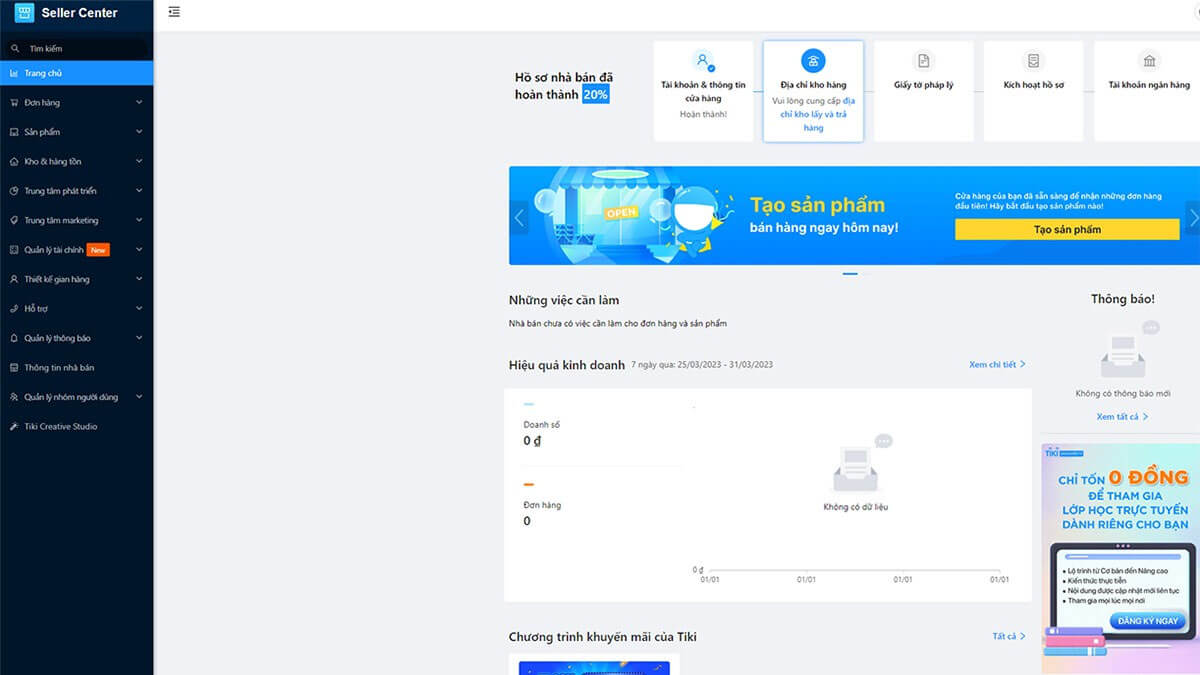 Giao diện quản lý gian hàng trên Tiki Seller