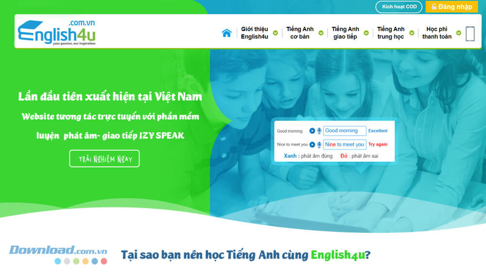 Giao diện trang chủ English4u - Học Tiếng Anh trực tuyến