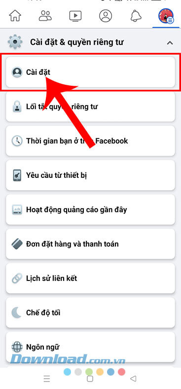 Nhấn vào mục Cài đặt