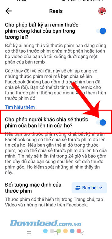 Tắt công tắc tại mục Cho phép người khác chia sẻ thước phim của bạn lên tin của họ?