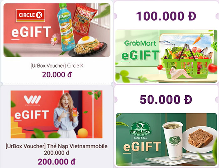 Hình ảnh minh họa một số voucher eGIFT quy đổi trong game Thợ Săn Kho Báu.