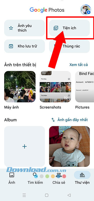 Nhấn vào mục Tiện ích