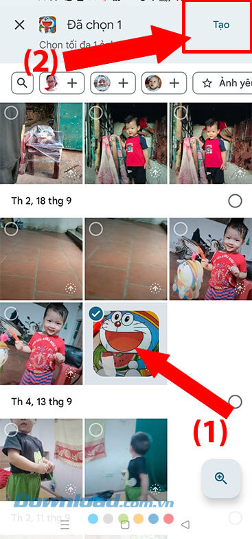 Chọn một bức ảnh bất kỳ, rồi chạm vào nút Tạo