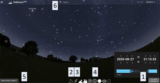 Giao diện tổng quát của Stellarium Web