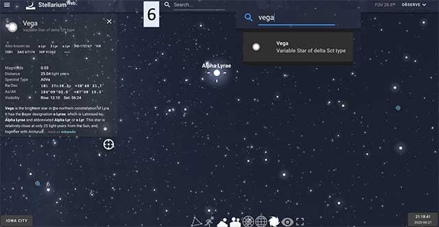 Để tìm kiếm một vật thể thiên văn, nhấp vào Cửa sổ tìm kiếm ở trên cùng