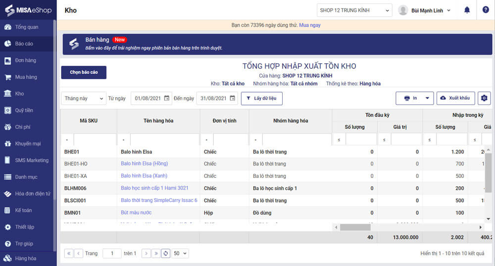 MISA eShop Quản Lý - Hỗ trợ quản lý kho 