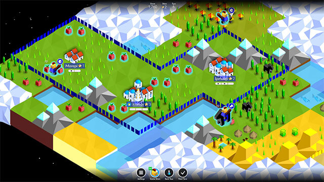 Bạn khám phá một vùng đất hình vuông phẳng trôi dạt trong không gian trong game The Battle of Polytopia