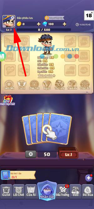 Ấn vào hình đại diện nhân vật ở góc trên bên trái màn hình chính