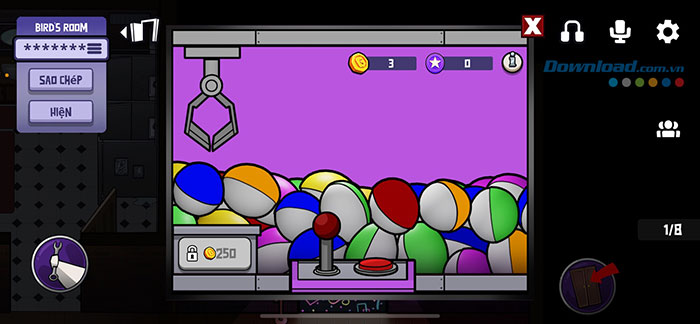 Điều chỉnh cần gạt và nhấn nút đỏ để thu thập token màu (tương tự trò gắp thú bông) trong Goose Goose Duck