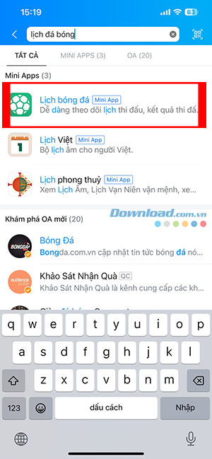 xem lich bong da tren Zalo 2*441809