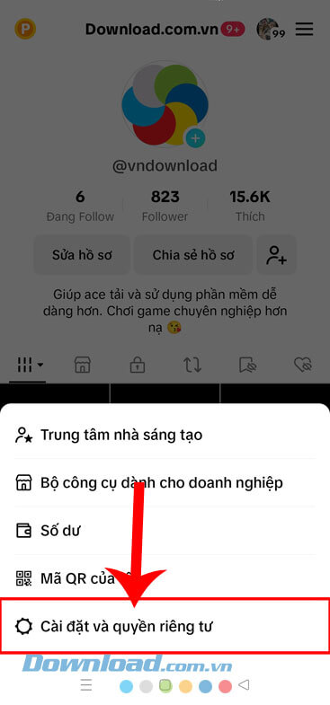 Nhấn vào mục Cài đặt và quyền riêng tư
