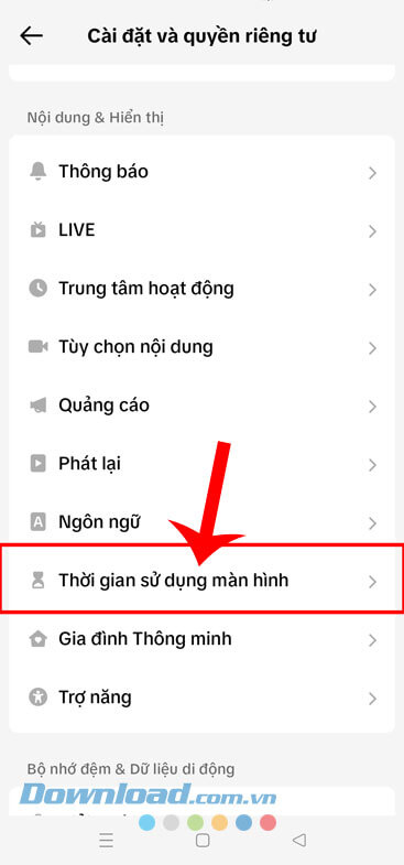 Ấn vào mục Thời gian sử dụng màn hình