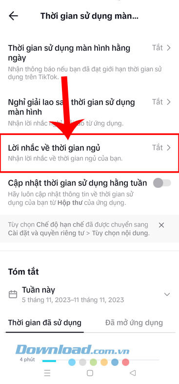 Chạm vào mục Lời nhắc về thời gian ngủ