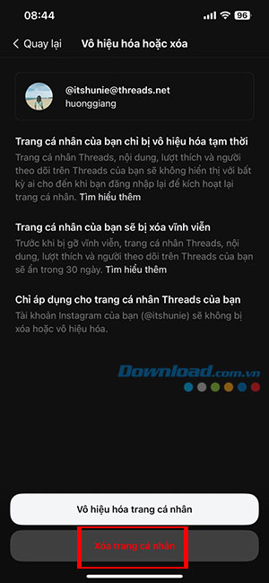 xoa tai khoan Threads 4*444554