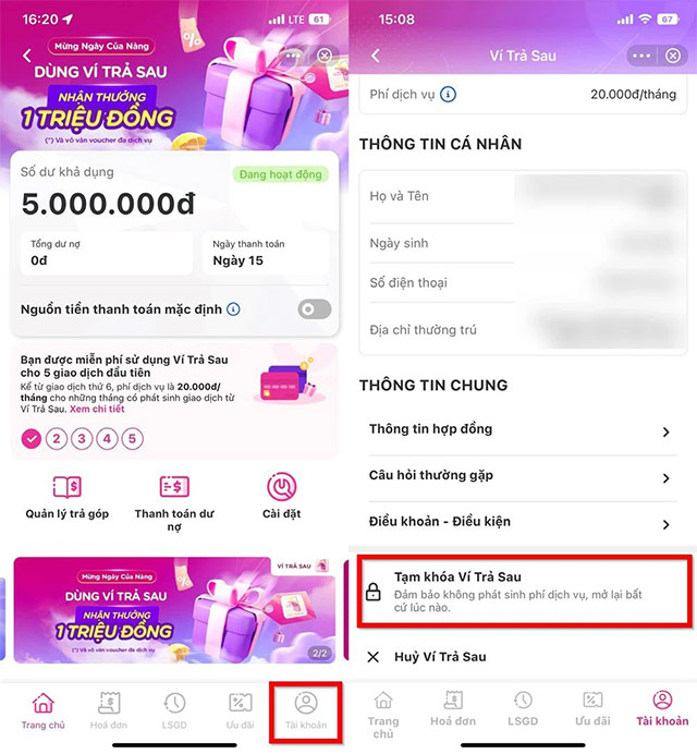 Tạm khóa ví trả sau.