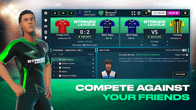 Cạnh tranh chống lại bạn bè trong game bóng đá nhiều người chơi Striker Manager 3