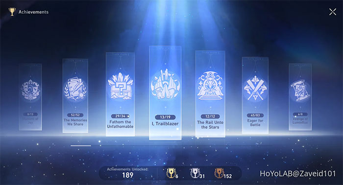 Một số danh mục thành tựu trong Honkai Star Rail