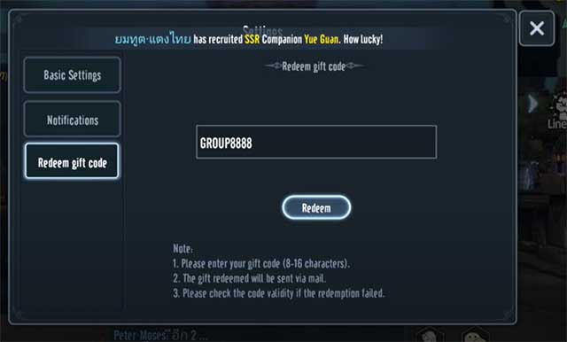 Trên trang cài đặt, chạm vào tab Redeem Gift Code để mở màn hình đổi code