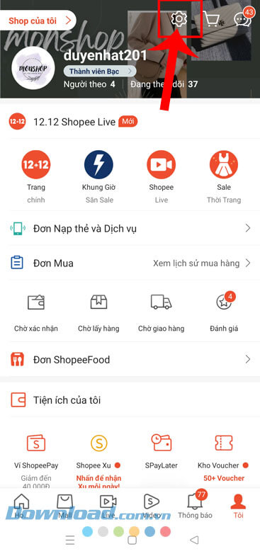 Chạm vào biểu tượng cài đặt