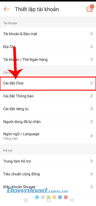 Nhấn vào mục Cài đặt Chat