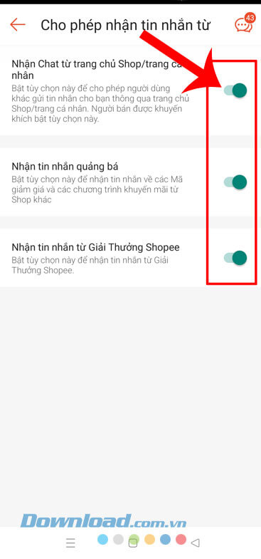 Tắt các công tắc ở tất cả các mục