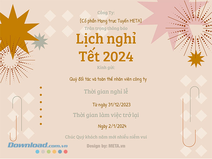 Mẫu thông báo lịch nghỉ Tết Dương lịch 2024 online