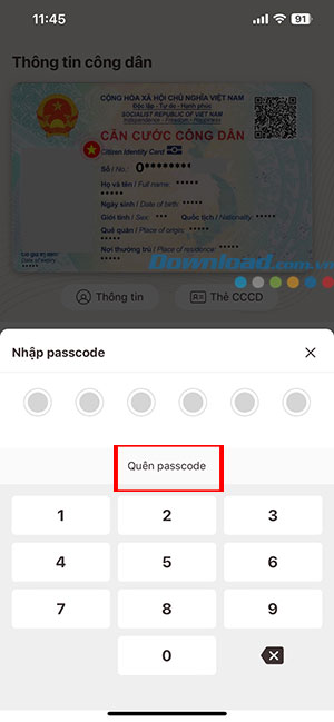 lay lai passcode VNeID 1*450225