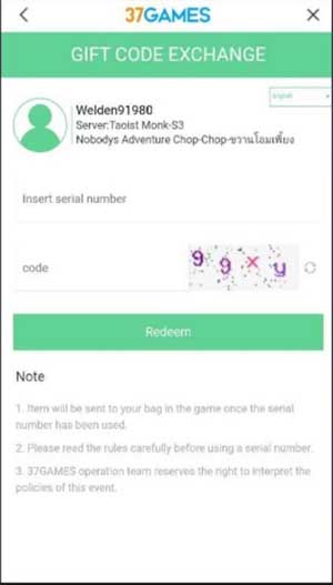 Nhập code hợp lệ và nhấn Redeem