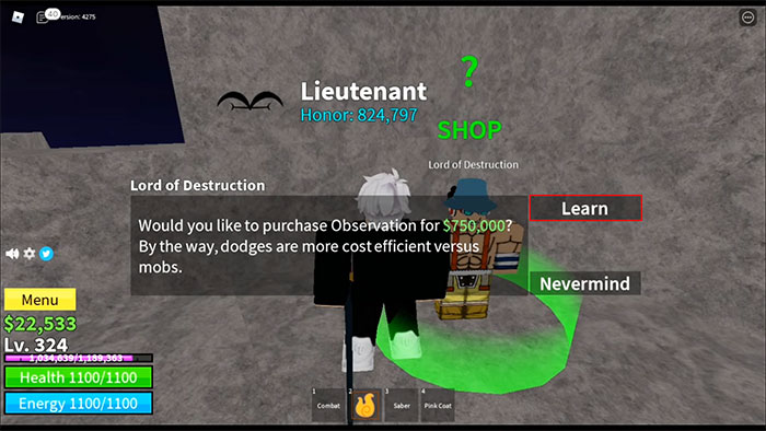 Người chơi cần gặp Lord of Destruction để mua Haki quan sát trong Blox Fruits