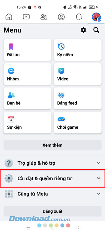 Nhấn vào mục Cài đặt và Quyền riêng tư.