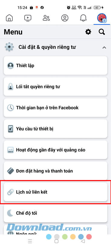Ấn vào mục Lịch sử liên kết