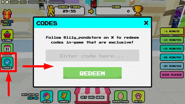 Ấn vào nút Codes ở bên trái màn hình và nhập mã để nhận thưởng