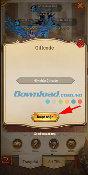 Nhập mã quà và ấn Được nhận 