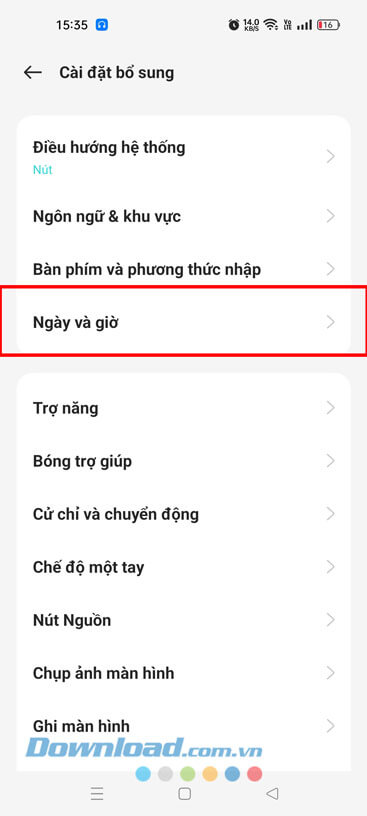 Nhấn vào mục Ngày và giờ