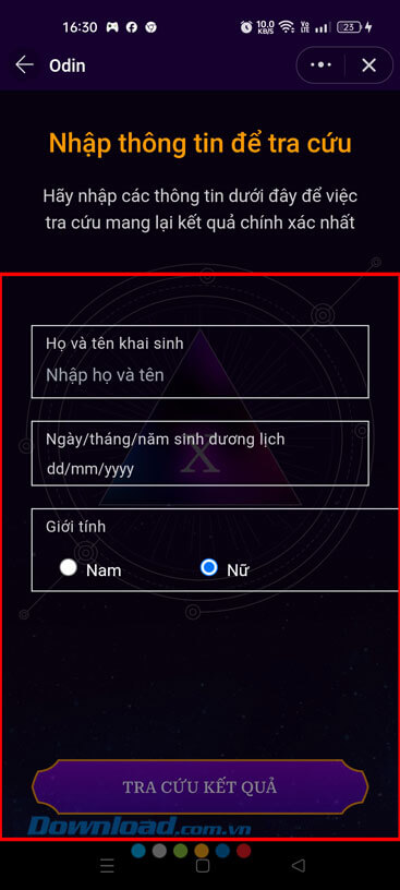 Điền thông tin cá nhân và ấn vào nút Tra cứu kết quả.