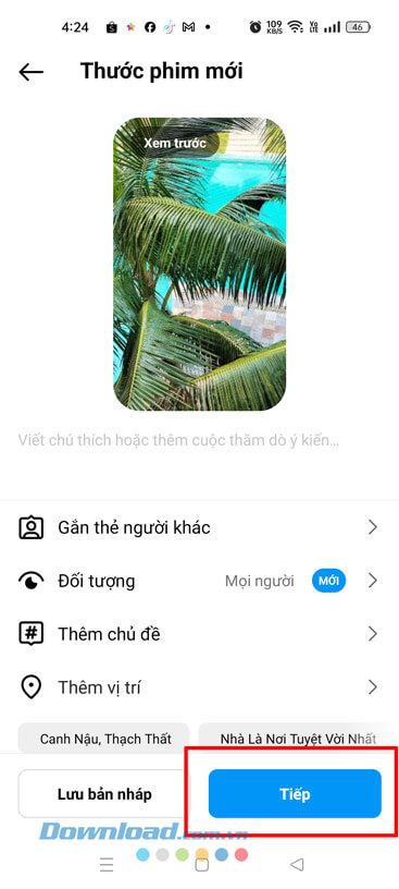 Chạm vào mục Tiếp