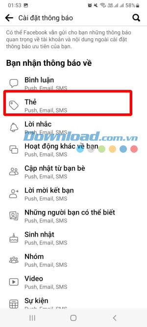 Ở phần “Cài đặt thông báo”, bạn chọn Thẻ