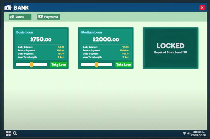 Vay tiền giúp người chơi có thể kinh phí để nhập hàng hóa và nâng cấp siêu thị trong Supermarket Simulator