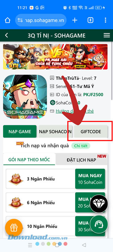 Ấn vào nút Giftcod