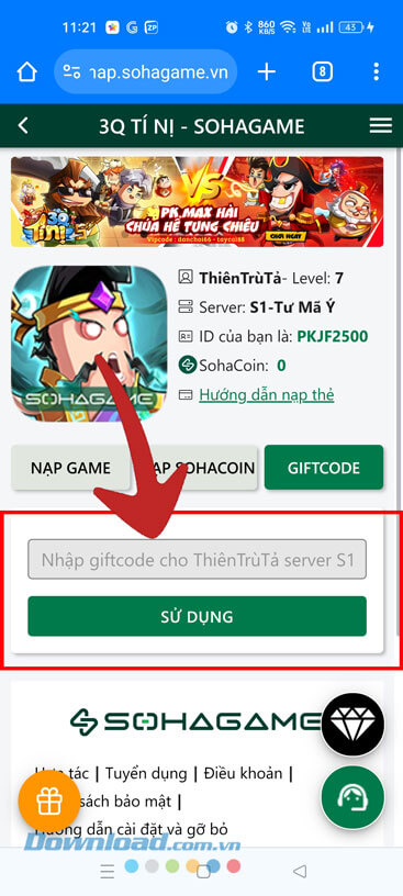Nhập một trong những mã code