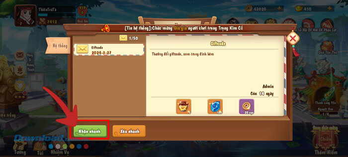 Ấn vào nút Nhận nhanh