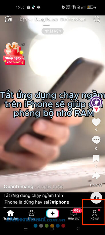 Ấn vào biểu tượng tài khoản