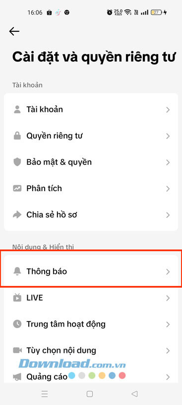 Ấn vào mục Thông báo