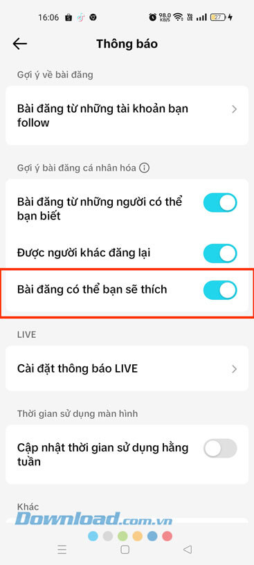 Gạt công tắc tại mục Bài đăng có thể bạn sẽ thích